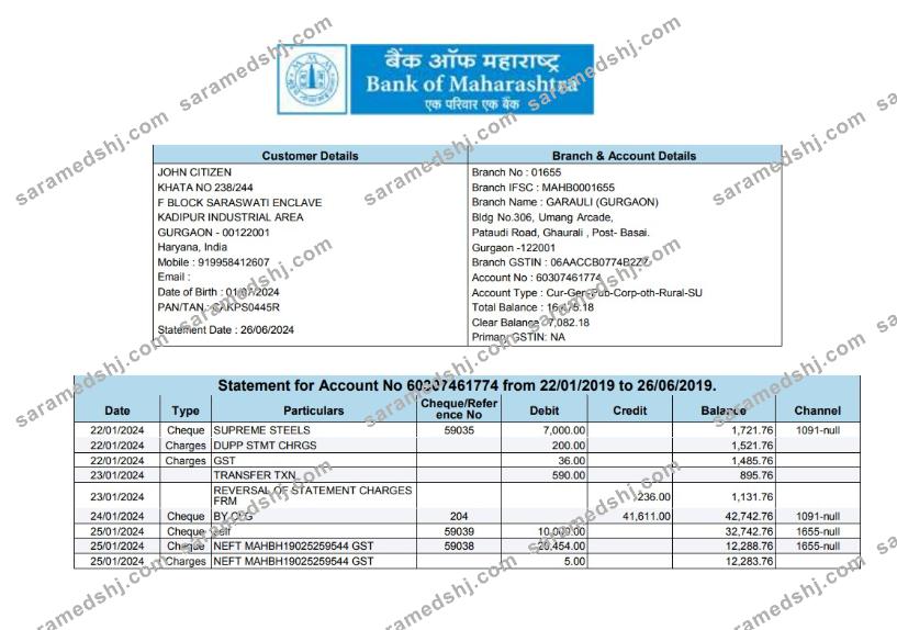 INDIA BANK OF MAHARASHTRA bank statement template, Word and PDF format